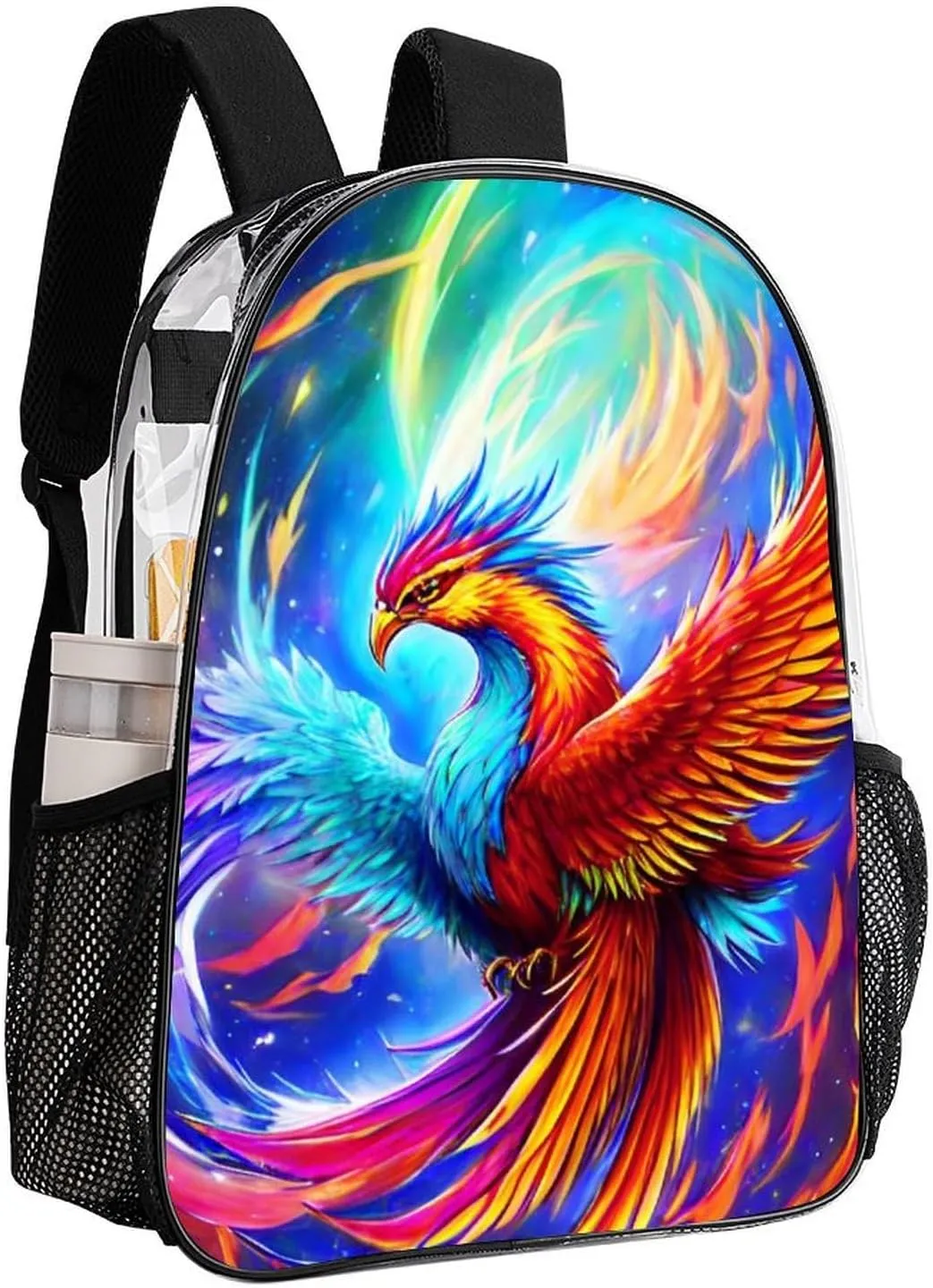 Lightweight Daypack Backpack for Sports Travel Running - Large Capacity Multipurpose Transparent Bookbag, Mythical Red And Blue Fire Phoenix Bird Art Laptop Backpack Daypack