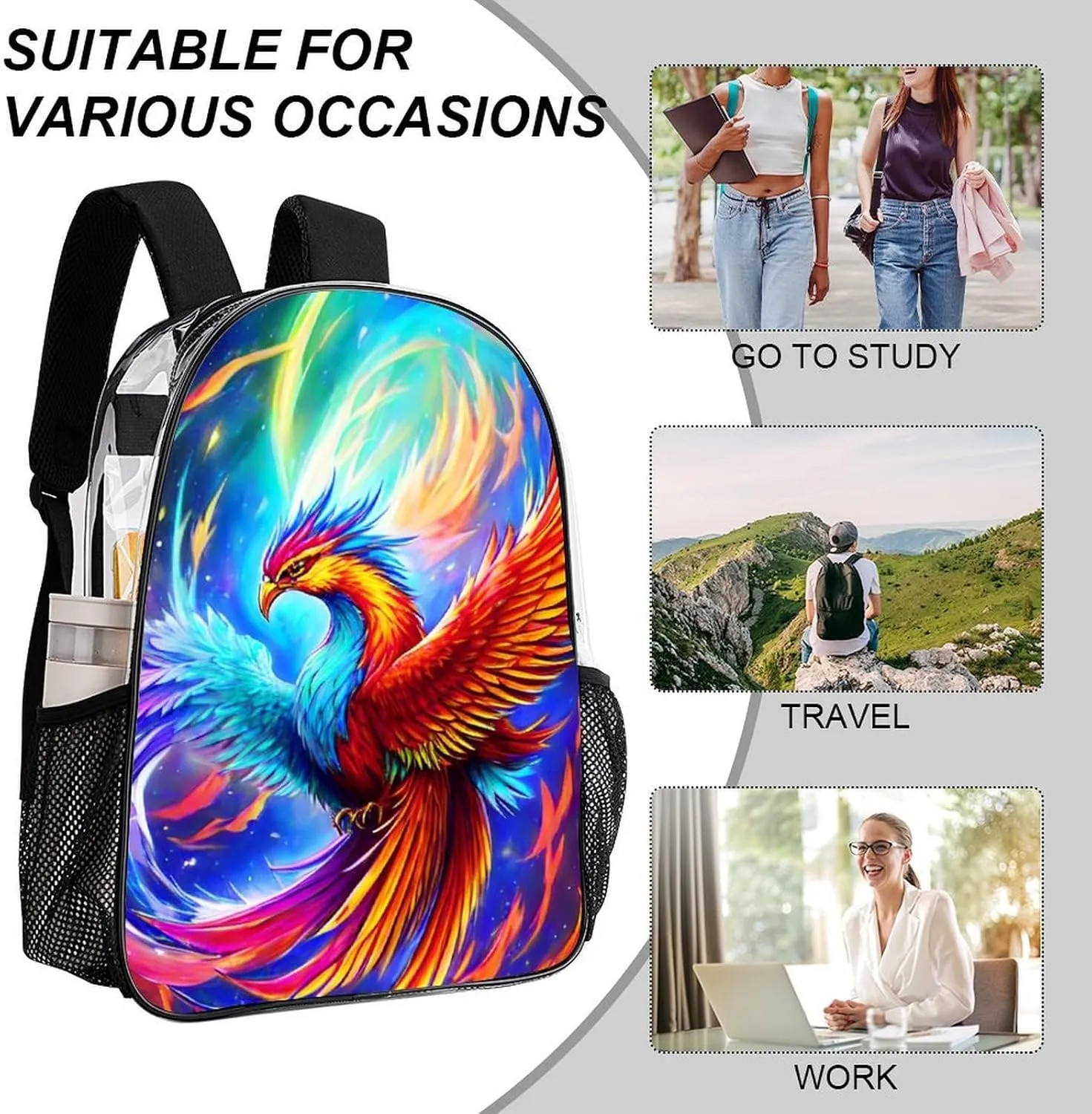 Lightweight Daypack Backpack for Sports Travel Running - Large Capacity Multipurpose Transparent Bookbag, Mythical Red And Blue Fire Phoenix Bird Art Laptop Backpack Daypack