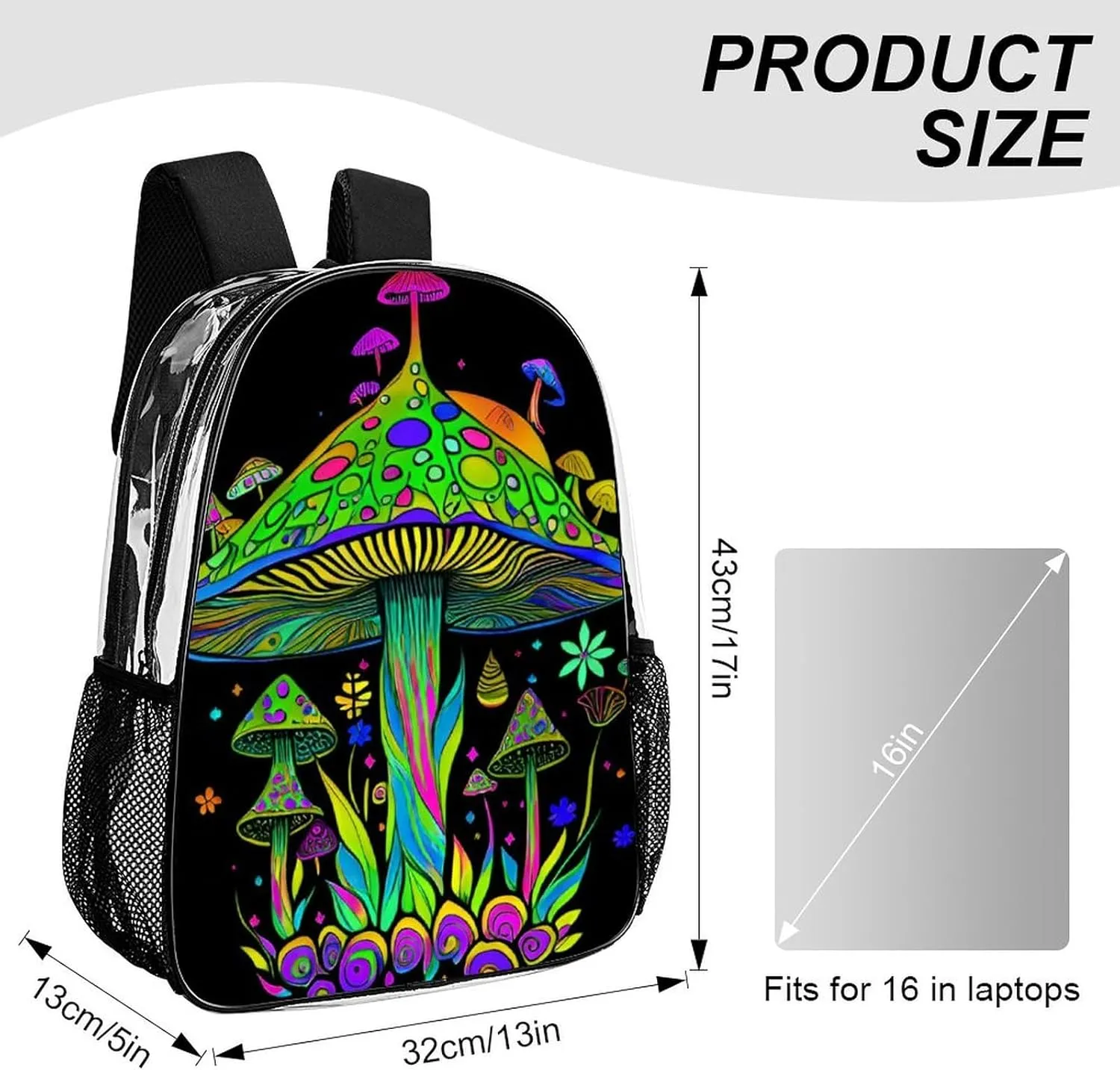Lightweight Daypack Backpack for Sports Travel Running - Large Capacity Multipurpose Transparent Bookbag, Psychedelic Magic Mushrooms Trippy Art Laptop Backpack Daypack