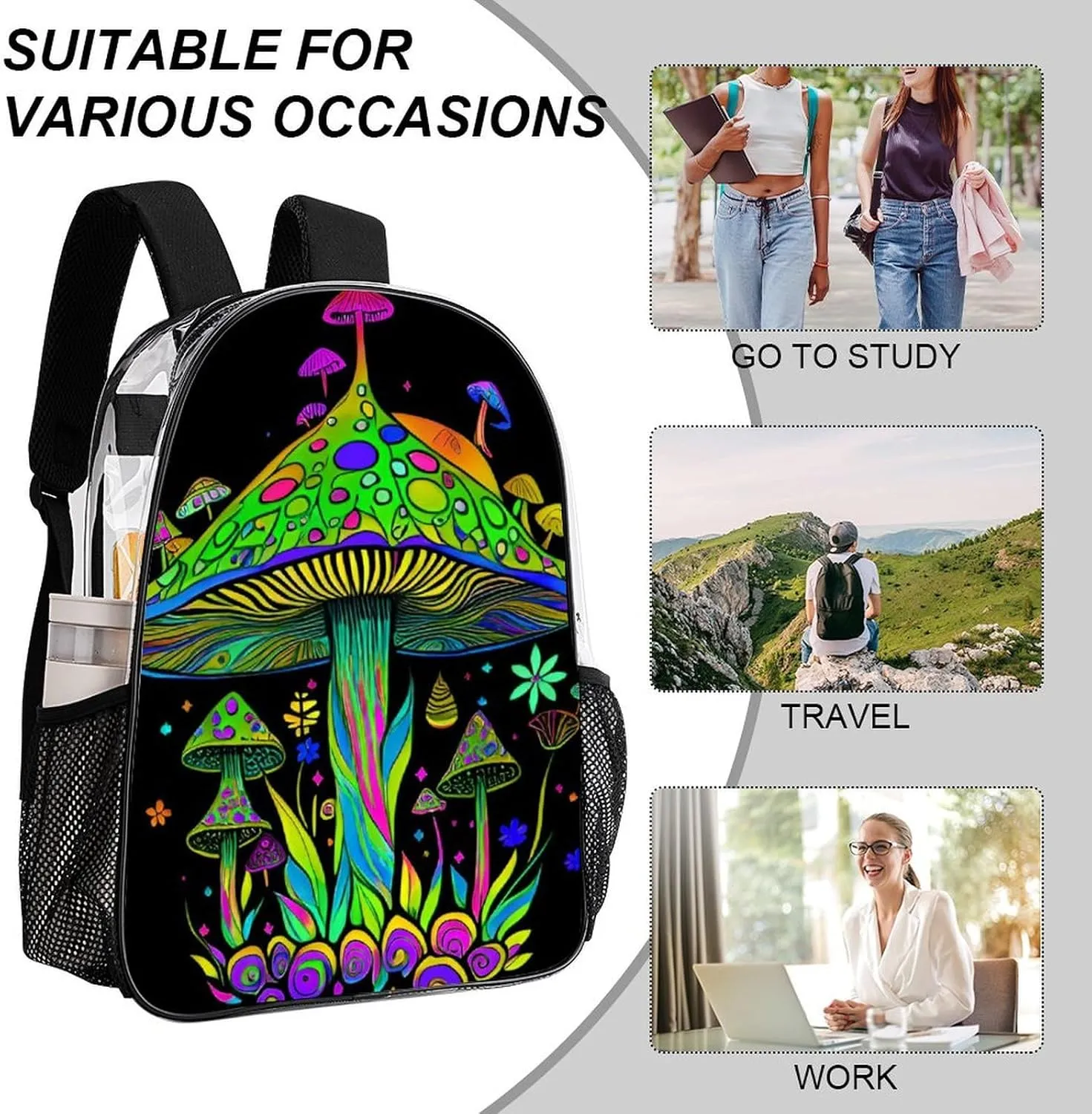 Lightweight Daypack Backpack for Sports Travel Running - Large Capacity Multipurpose Transparent Bookbag, Psychedelic Magic Mushrooms Trippy Art Laptop Backpack Daypack