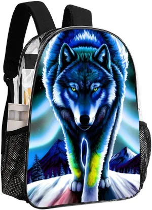 Lightweight Daypack Backpack for Trekking Work Running - Big Capacity Multipurpose Transparent Bookbag, Mountain And Northern Light Wolves Psychedelic Art Business Computer Bag