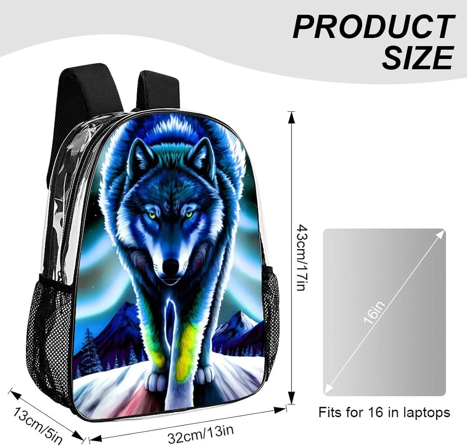 Lightweight Daypack Backpack for Trekking Work Running - Big Capacity Multipurpose Transparent Bookbag, Mountain And Northern Light Wolves Psychedelic Art Business Computer Bag
