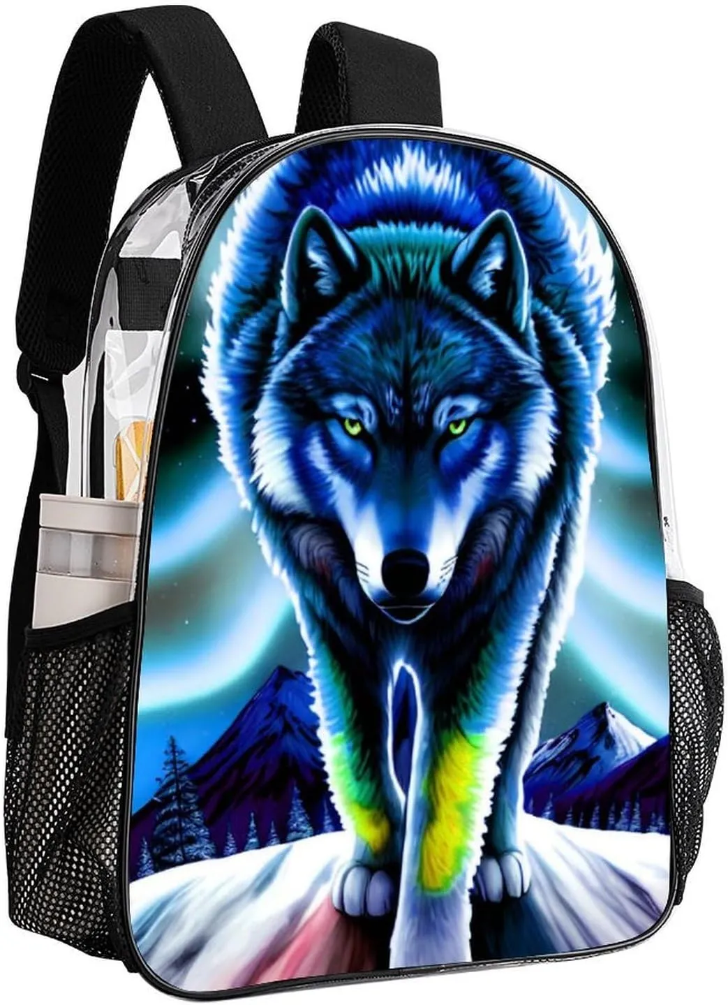 Lightweight Daypack Backpack for Trekking Work Running - Big Capacity Multipurpose Transparent Bookbag, Mountain And Northern Light Wolves Psychedelic Art Business Computer Bag