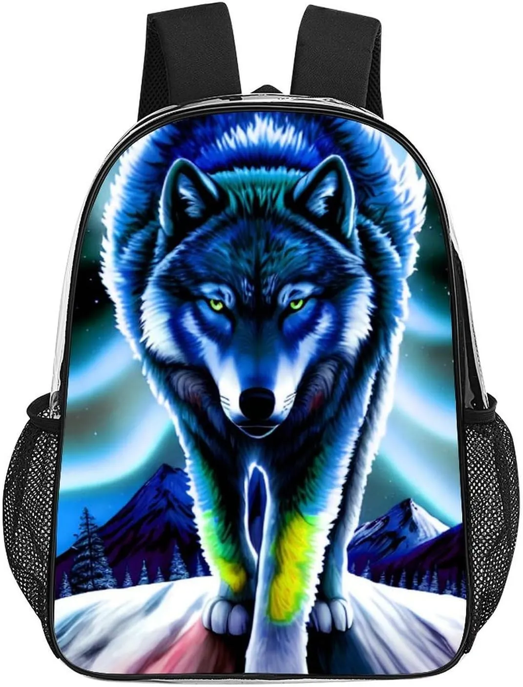 Lightweight Daypack Backpack for Trekking Work Running - Big Capacity Multipurpose Transparent Bookbag, Mountain And Northern Light Wolves Psychedelic Art Business Computer Bag