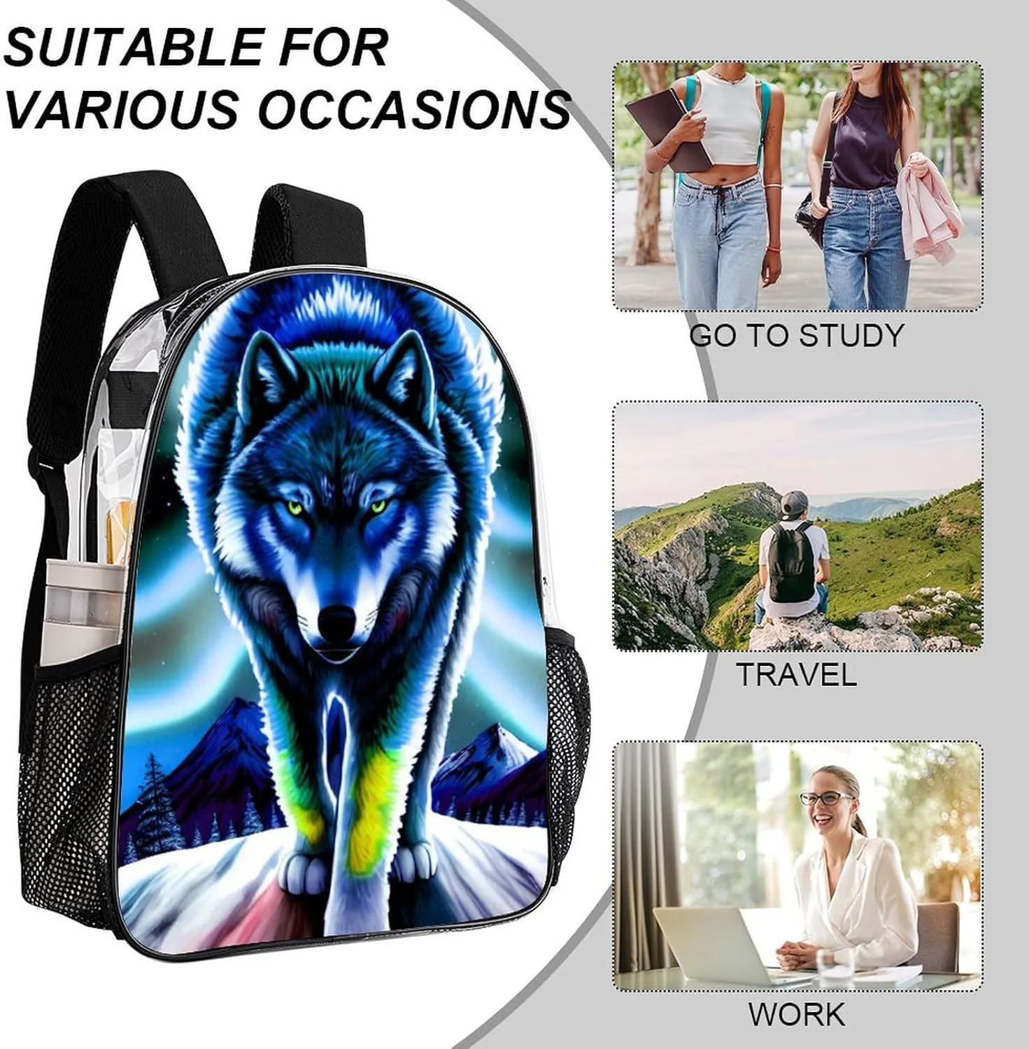 Lightweight Daypack Backpack for Trekking Work Running - Big Capacity Multipurpose Transparent Bookbag, Mountain And Northern Light Wolves Psychedelic Art Business Computer Bag