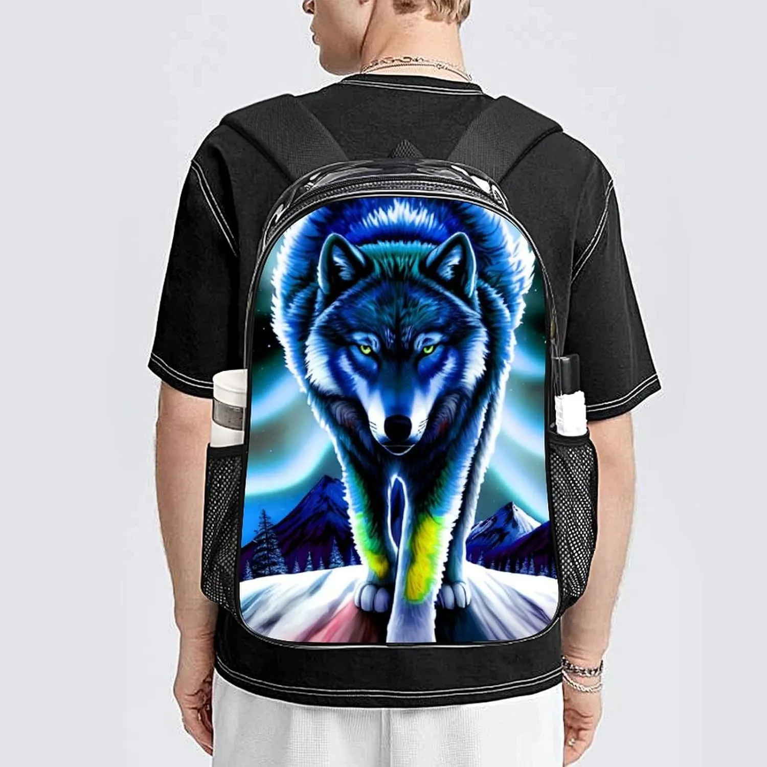 Lightweight Daypack Backpack for Trekking Work Running - Big Capacity Multipurpose Transparent Bookbag, Mountain And Northern Light Wolves Psychedelic Art Business Computer Bag