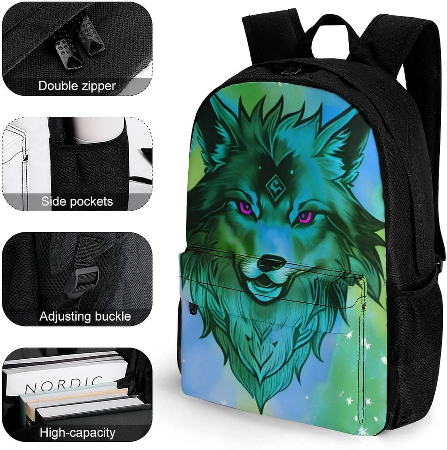 Lightweight Daypack for Camping Business Walking Cycling - Large Capacity Anti-Theft Multipurpose Bookbag, Naive Wolf Head Galaxy Art Gym Outdoor Hiking Backpack