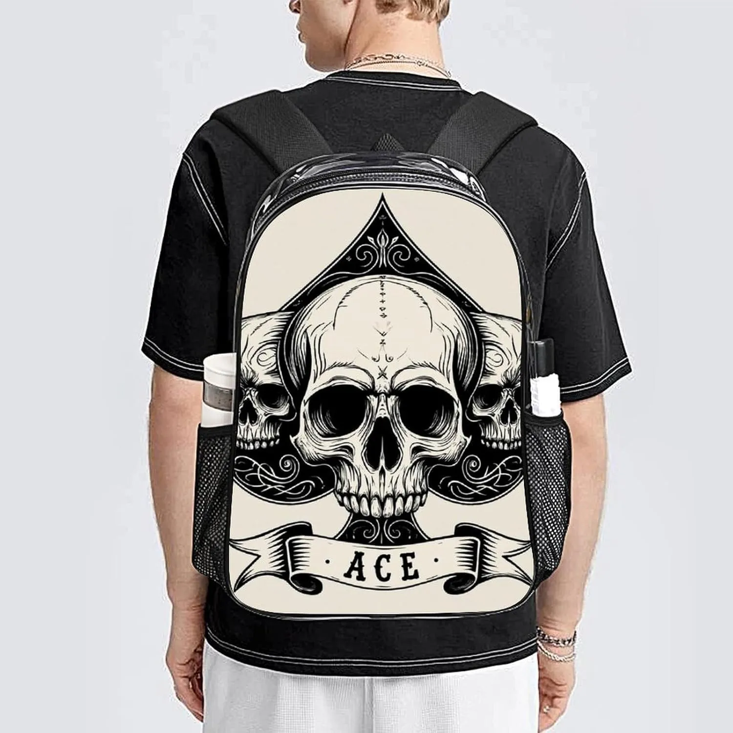 Lightweight Daypack for Camping Business Walking Cycling - Large Capacity Transparent Multipurpose Bookbag, Ace Of Spades Skull Grey Art Gym Outdoor Hiking Backpack