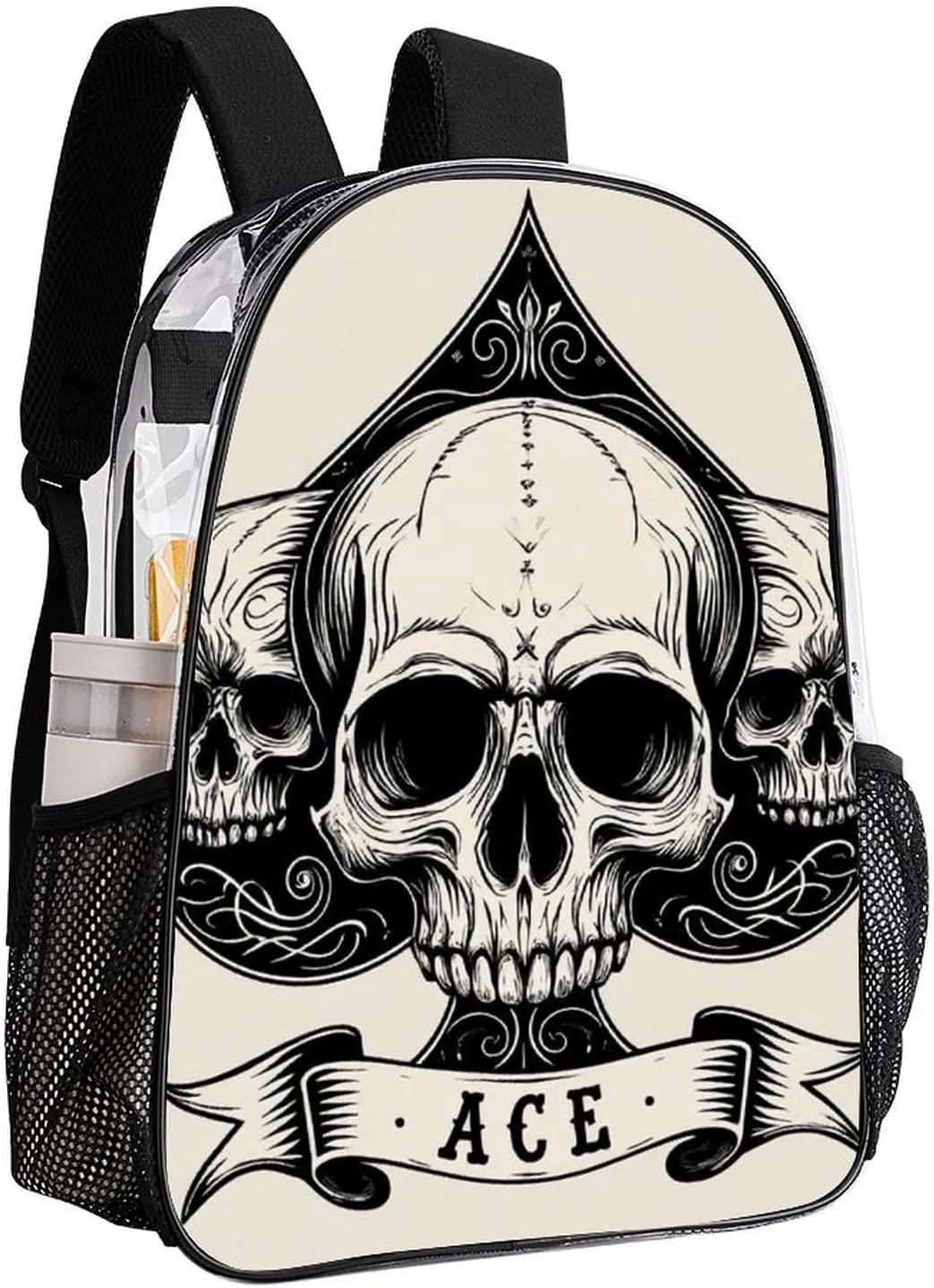 Lightweight Daypack for Camping Business Walking Cycling - Large Capacity Transparent Multipurpose Bookbag, Ace Of Spades Skull Grey Art Gym Outdoor Hiking Backpack