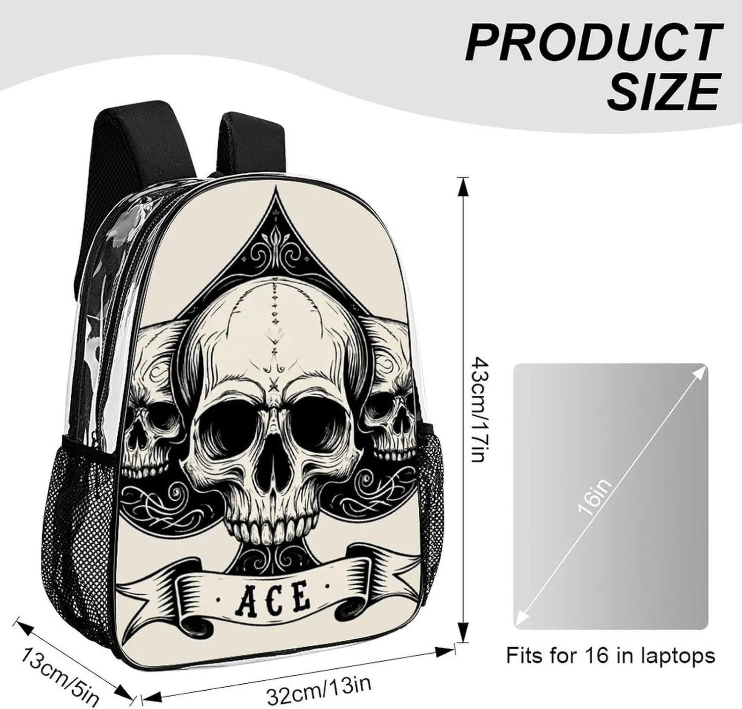 Lightweight Daypack for Camping Business Walking Cycling - Large Capacity Transparent Multipurpose Bookbag, Ace Of Spades Skull Grey Art Gym Outdoor Hiking Backpack