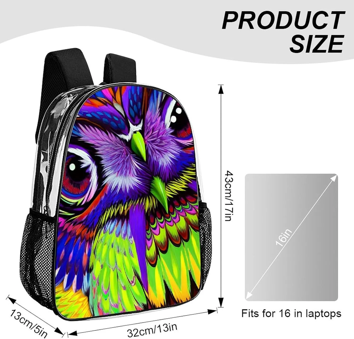 Lightweight Rucksack for Sports Travel Running - Big Capacity Multipurpose Transparent Bookbag, Trippy Owl Abstract Art Travel and Sport Backpack Rucksack
