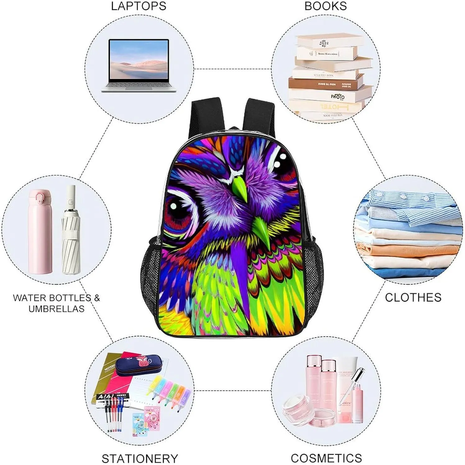 Lightweight Rucksack for Sports Travel Running - Big Capacity Multipurpose Transparent Bookbag, Trippy Owl Abstract Art Travel and Sport Backpack Rucksack