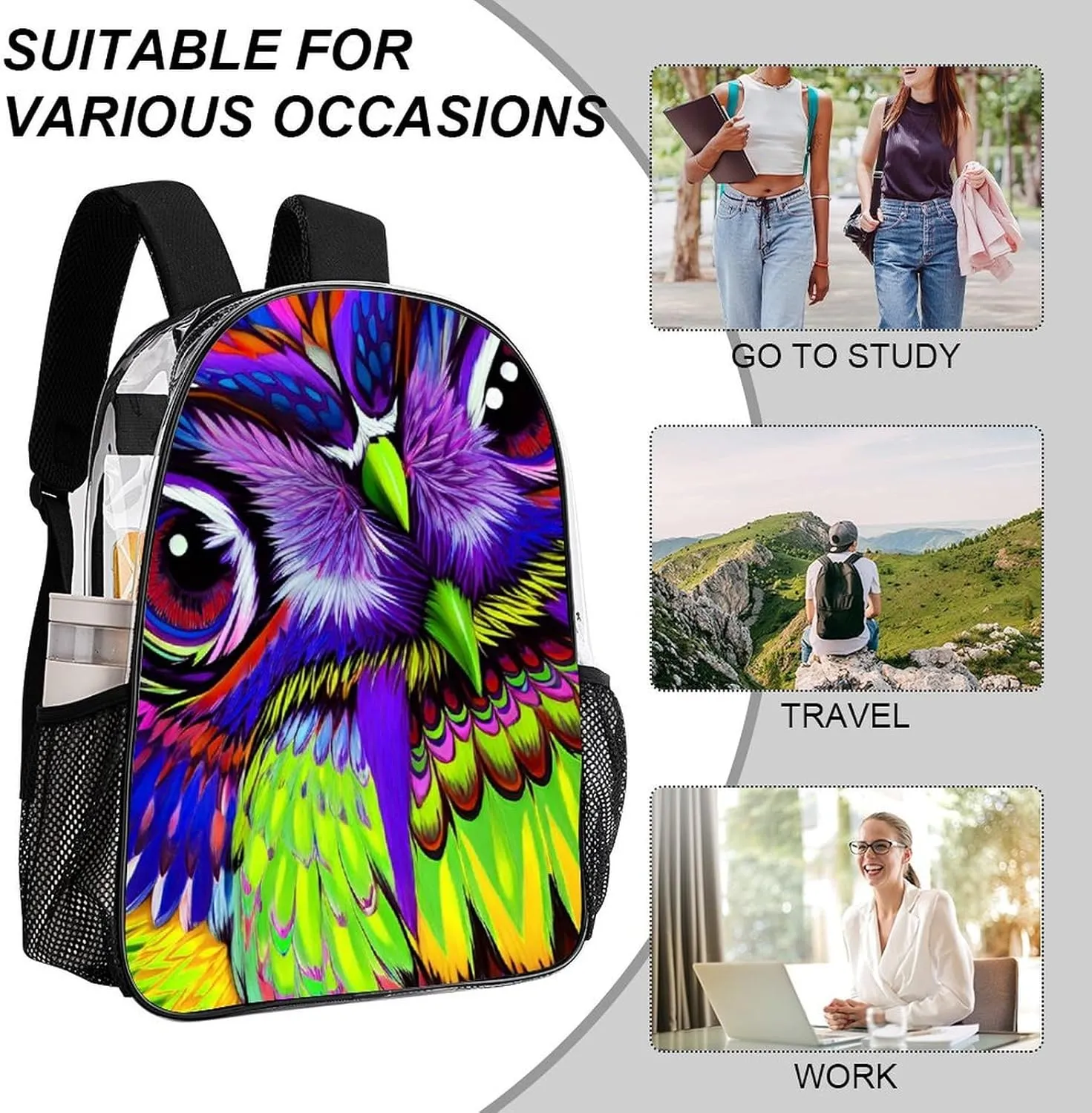 Lightweight Rucksack for Sports Travel Running - Big Capacity Multipurpose Transparent Bookbag, Trippy Owl Abstract Art Travel and Sport Backpack Rucksack