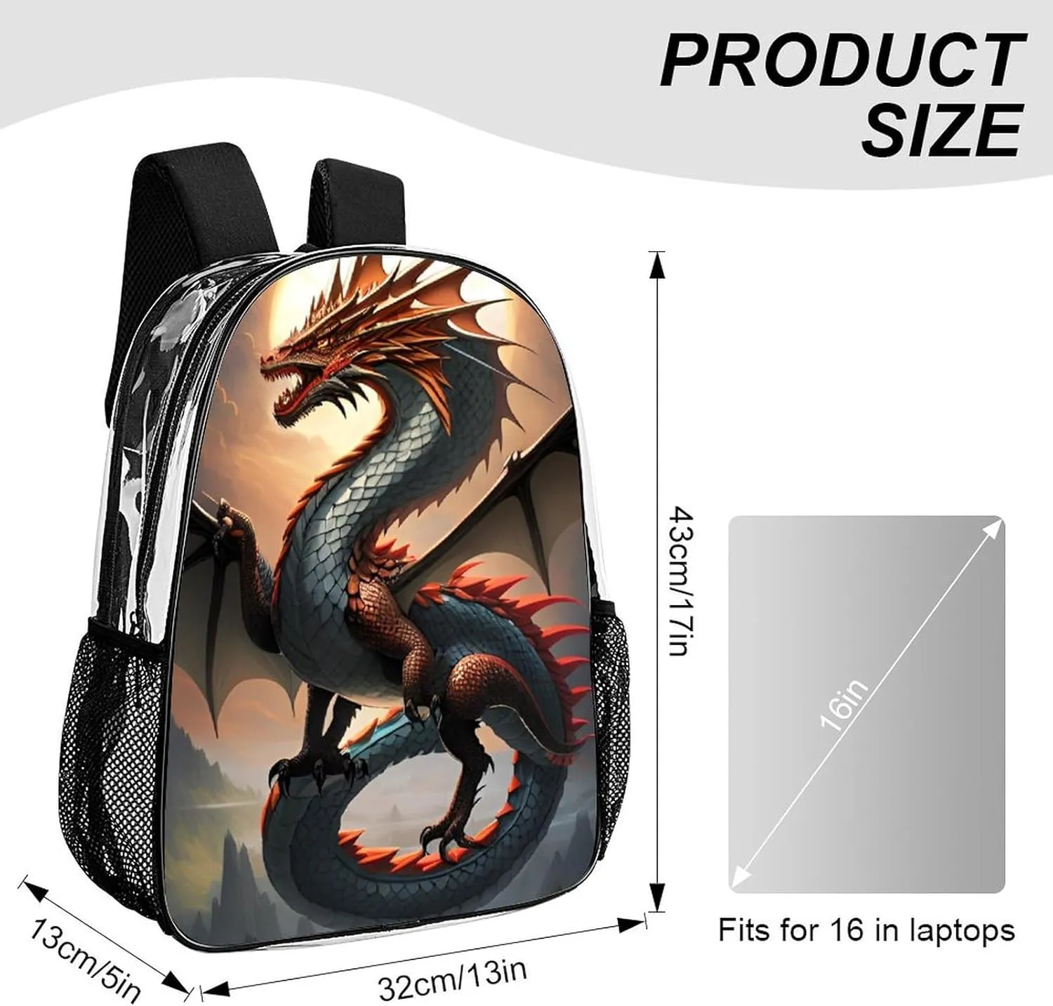 Lightweight Rucksacks for Camping Picnic Cycling - Large Capacity Multipurpose Transparent Carry On Bag, Majestic Dragon Fantasy Art Travel Hiking & Camping Rucksack