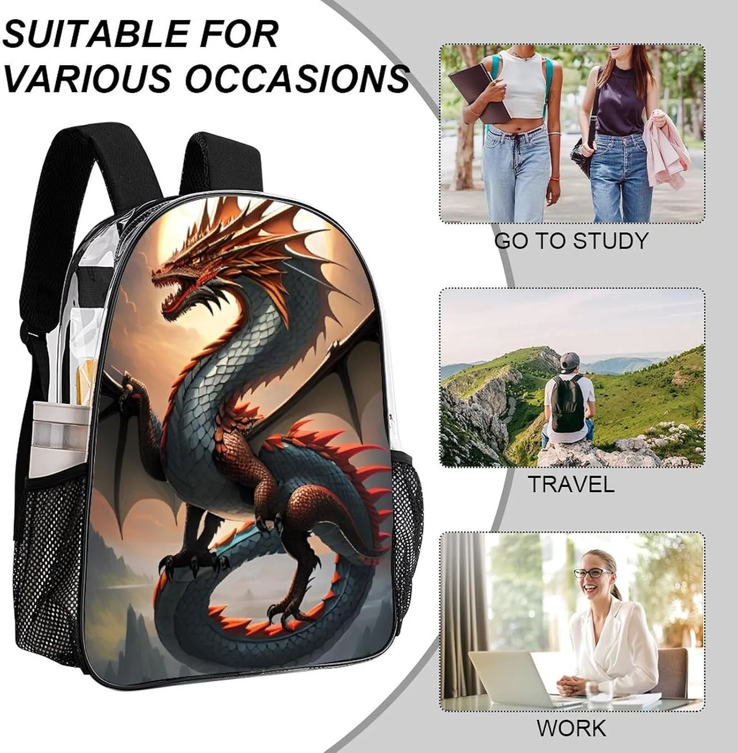 Lightweight Rucksacks for Camping Picnic Cycling - Large Capacity Multipurpose Transparent Carry On Bag, Majestic Dragon Fantasy Art Travel Hiking & Camping Rucksack