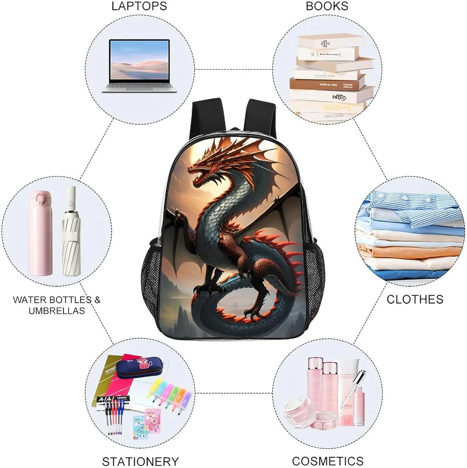 Lightweight Rucksacks for Camping Picnic Cycling - Large Capacity Multipurpose Transparent Carry On Bag, Majestic Dragon Fantasy Art Travel Hiking & Camping Rucksack