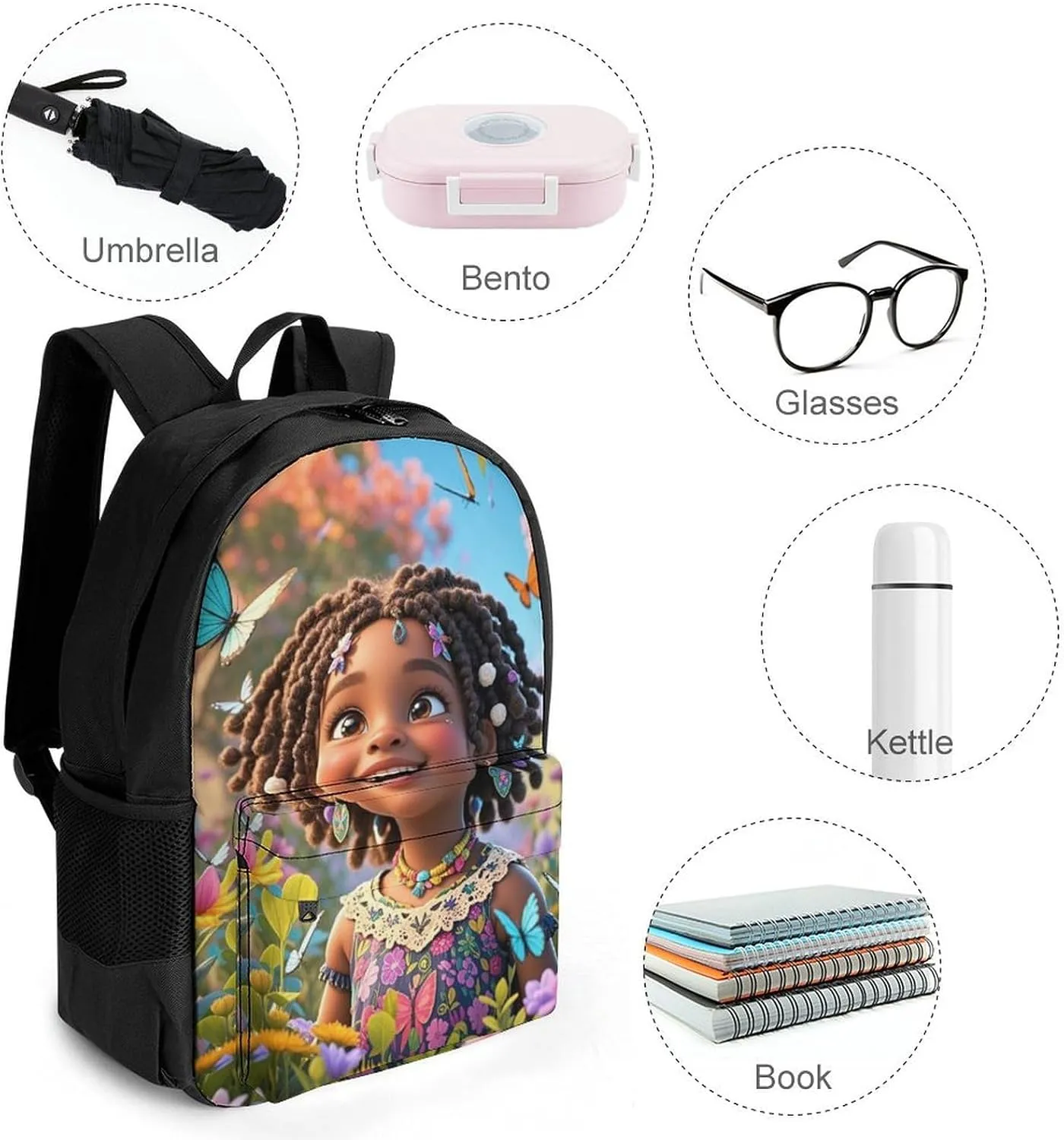 Lightweight Rucksacks for Camping Picnic Walking Cycling - Large Capacity Multipurpose Anti-Theft Carry On Bag, Colorful Afro American Black Woman With Butterflies Art Travel Hiking & Camping Rucksack