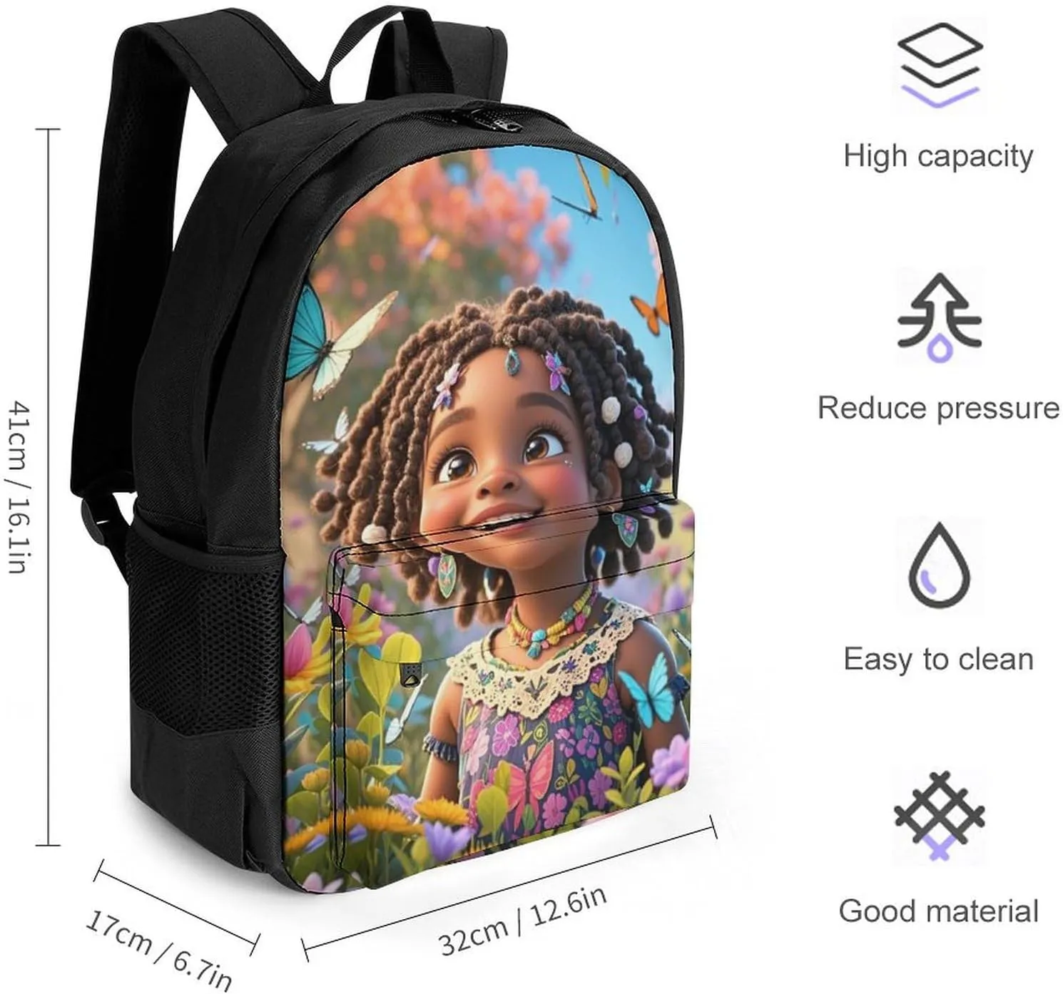 Lightweight Rucksacks for Camping Picnic Walking Cycling - Large Capacity Multipurpose Anti-Theft Carry On Bag, Colorful Afro American Black Woman With Butterflies Art Travel Hiking & Camping Rucksack