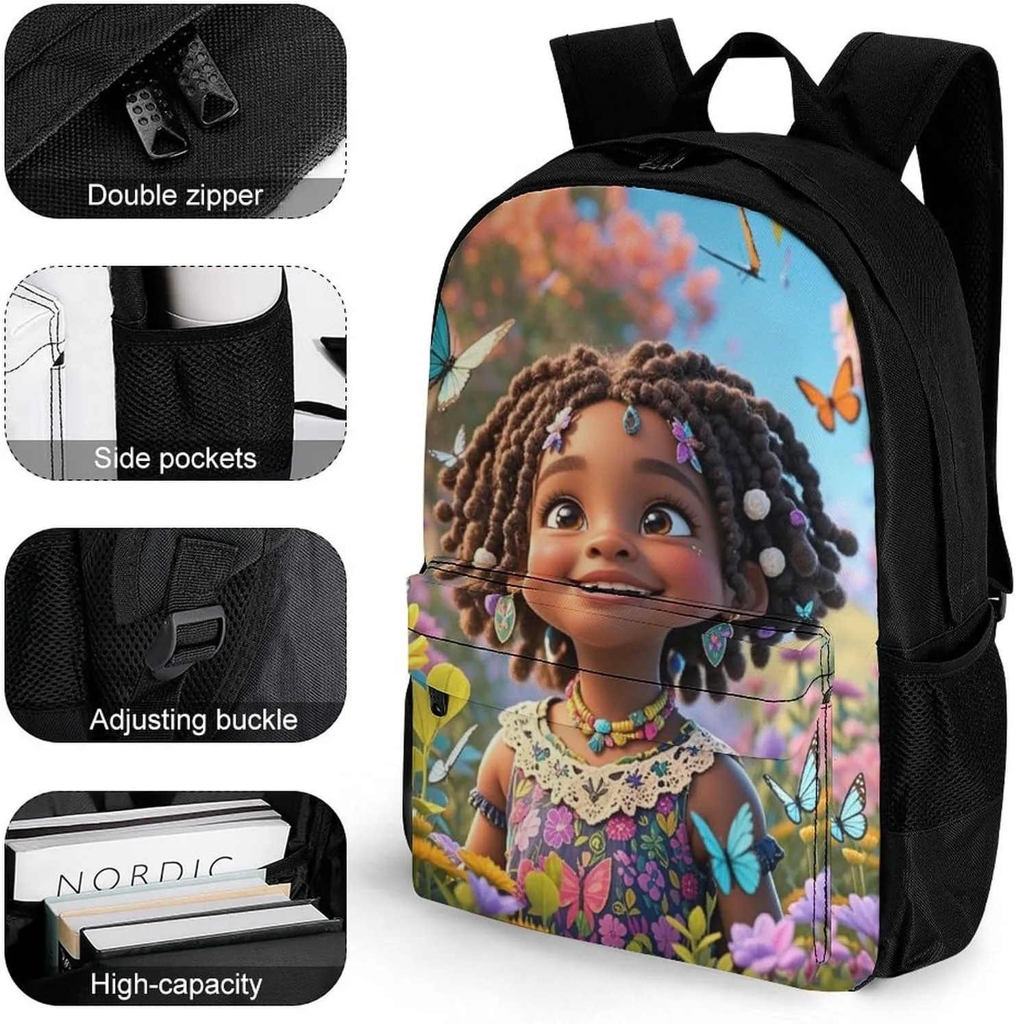 Lightweight Rucksacks for Camping Picnic Walking Cycling - Large Capacity Multipurpose Anti-Theft Carry On Bag, Colorful Afro American Black Woman With Butterflies Art Travel Hiking & Camping Rucksack