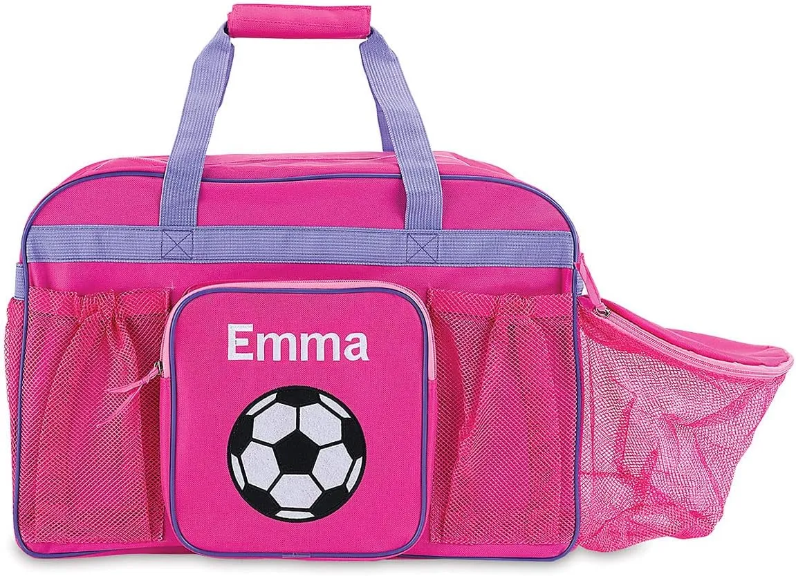 Lillian Vernon Personalized Soccer Duffel Bag for Kids – Custom Name Sports & Travel Gear with Ball & Water Bottle Holder Compartment, 19” Pink Bags for Girls