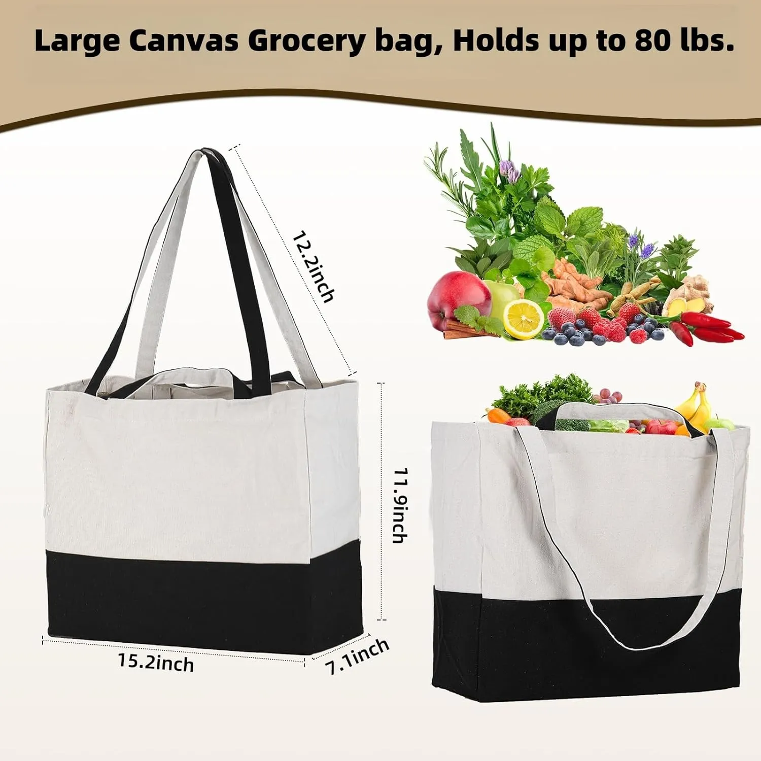 LINICE Reusable Grocery Bags Shopping Bags for Groceries Foldable Heavy Duty Canvas Tote Bag Washable Canvas Bag with Handles (Black-3pack)