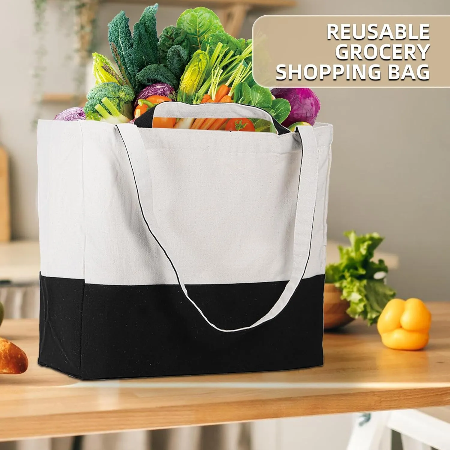 LINICE Reusable Grocery Bags Shopping Bags for Groceries Foldable Heavy Duty Canvas Tote Bag Washable Canvas Bag with Handles (Black-3pack)