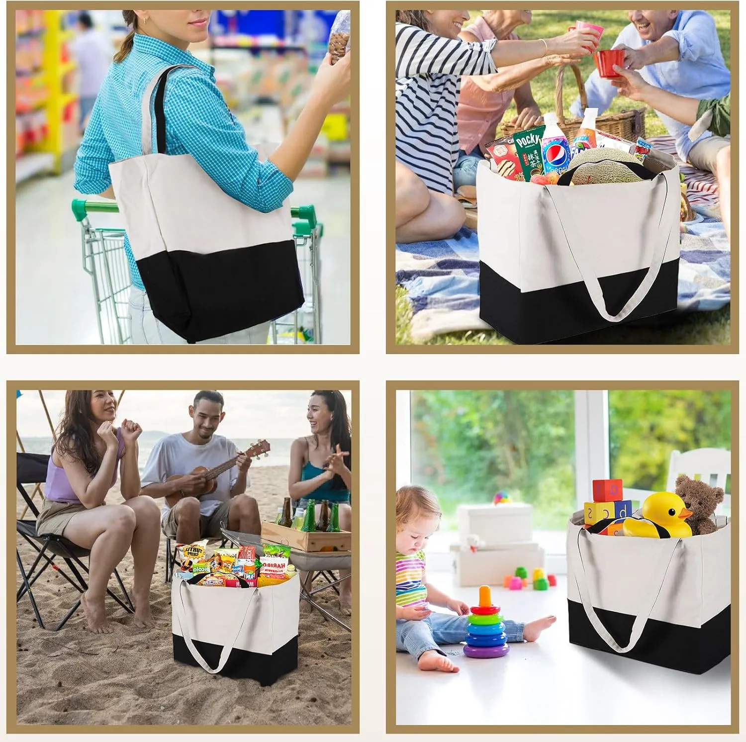 LINICE Reusable Grocery Bags Shopping Bags for Groceries Foldable Heavy Duty Canvas Tote Bag Washable Canvas Bag with Handles (Black-3pack)