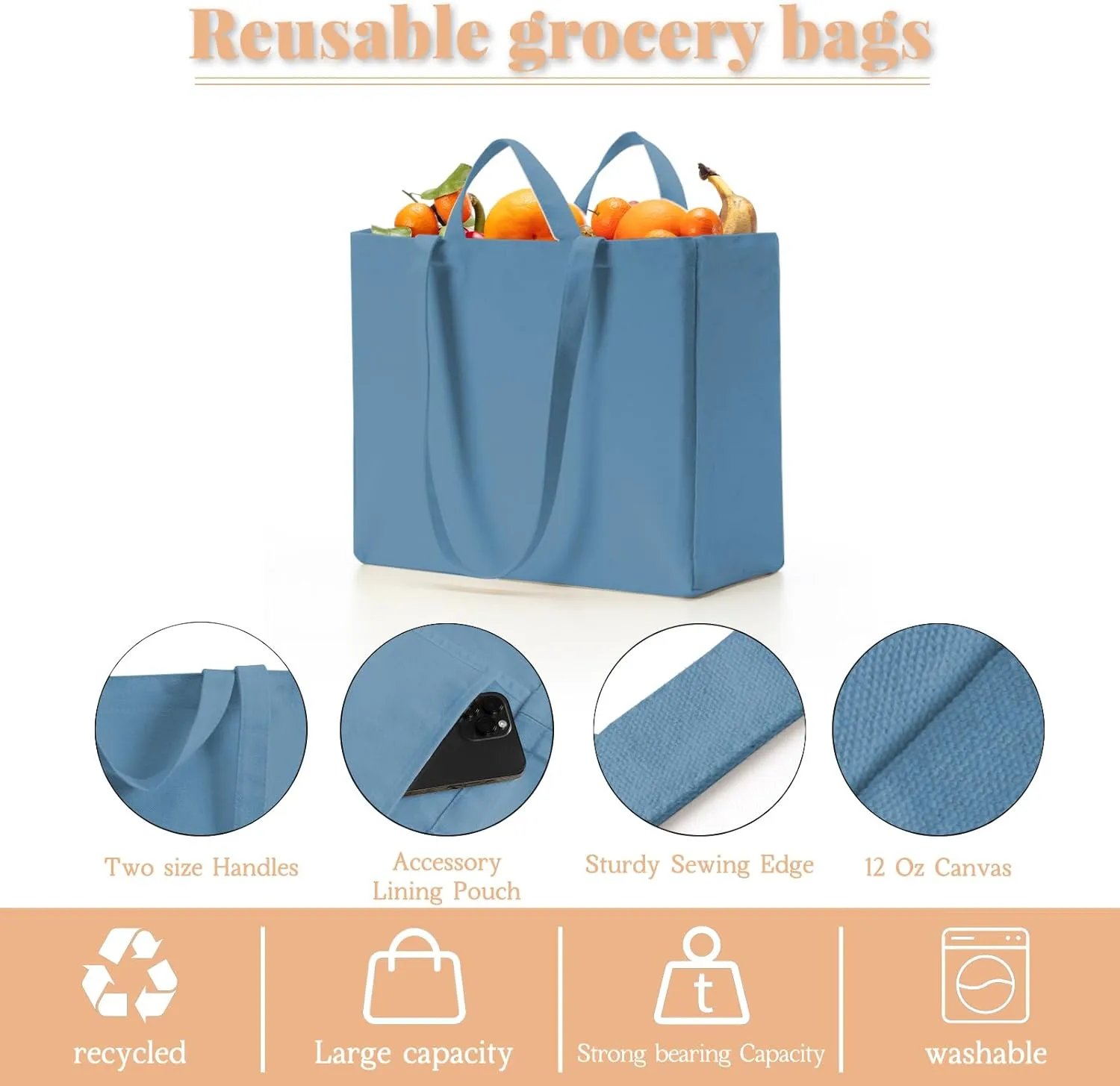 LINICE Reusable Grocery Bags Shopping Bags for Groceries Foldable Heavy Duty Canvas Tote Bag Washable Canvas Bag with Handles (Blue-3pack)