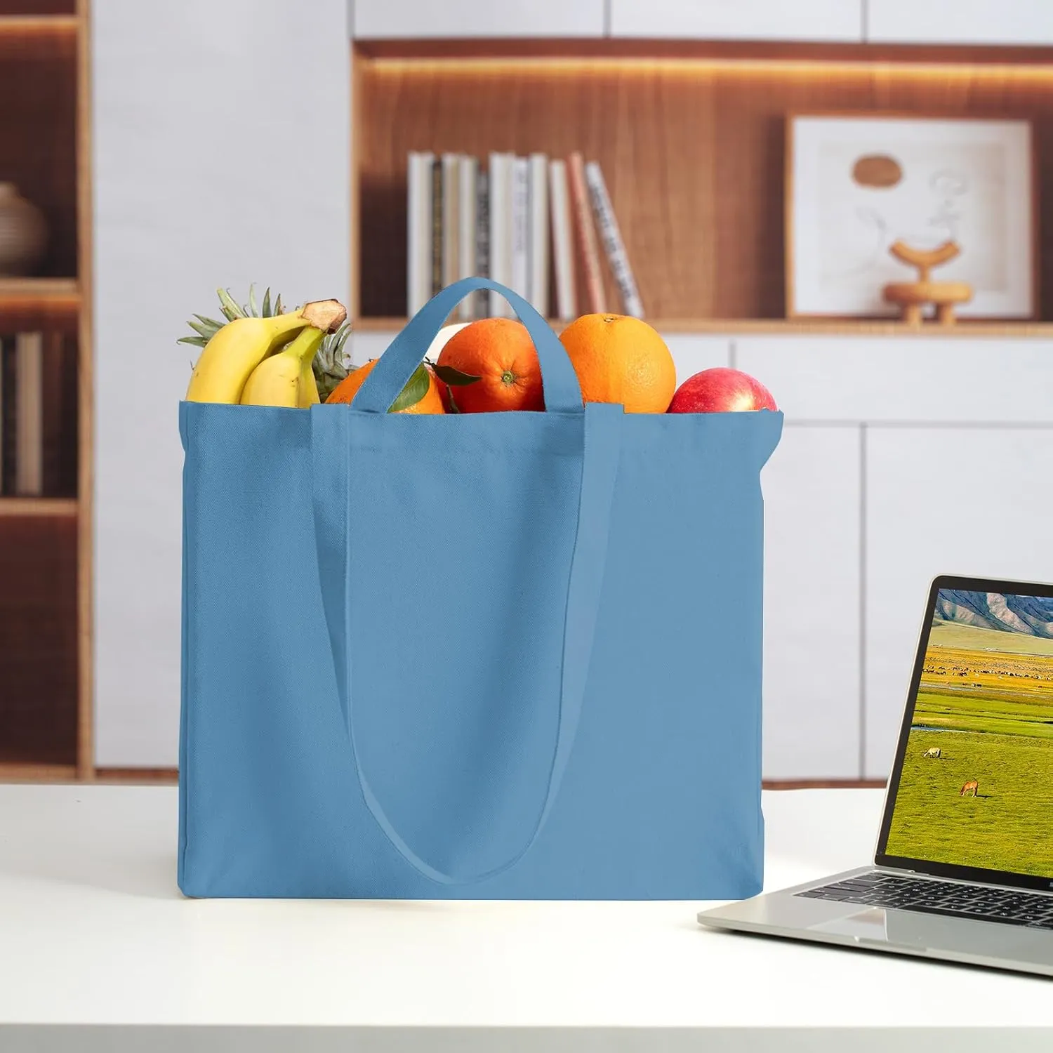 LINICE Reusable Grocery Bags Shopping Bags for Groceries Foldable Heavy Duty Canvas Tote Bag Washable Canvas Bag with Handles (Blue-3pack)
