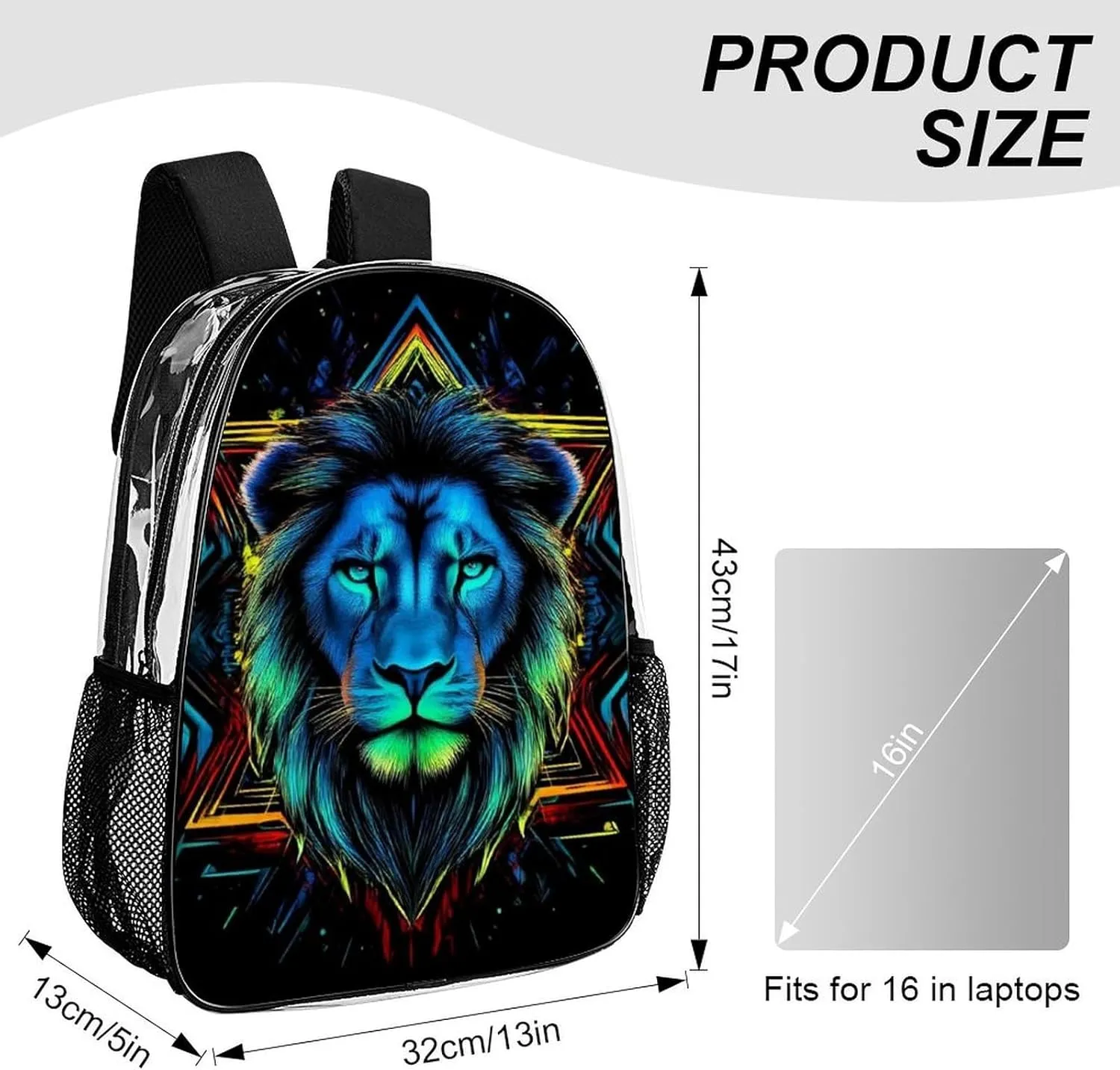 Lion Head Art Daypack Lightweight Multipurpose Anti-Theft Shoulder Bag Large Capacity Laptop Book Bag Rucksack Transparent Bag