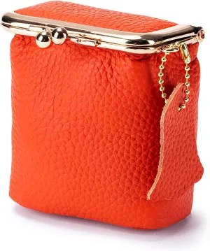 Litchi Leather Coin Purse for Women, Portable Vintage Wallet Mini Lipstick Holder Fashion Solid Color Kiss Lock Key Storage Square Pouch (Orange)