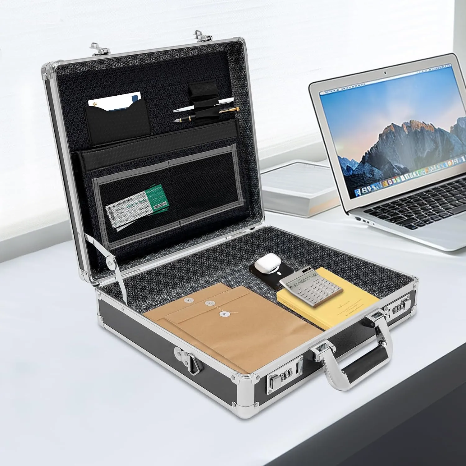 Locking Briefcase 15 x 13 x 4.3 Inch Combination Lock Hard Laptop Case with Strap Aluminum Briefcases Attache Case