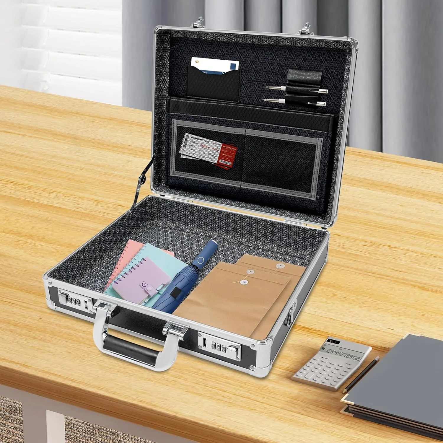 Locking Briefcase 15 x 13 x 4.3 Inch Combination Lock Hard Laptop Case with Strap Aluminum Briefcases Attache Case