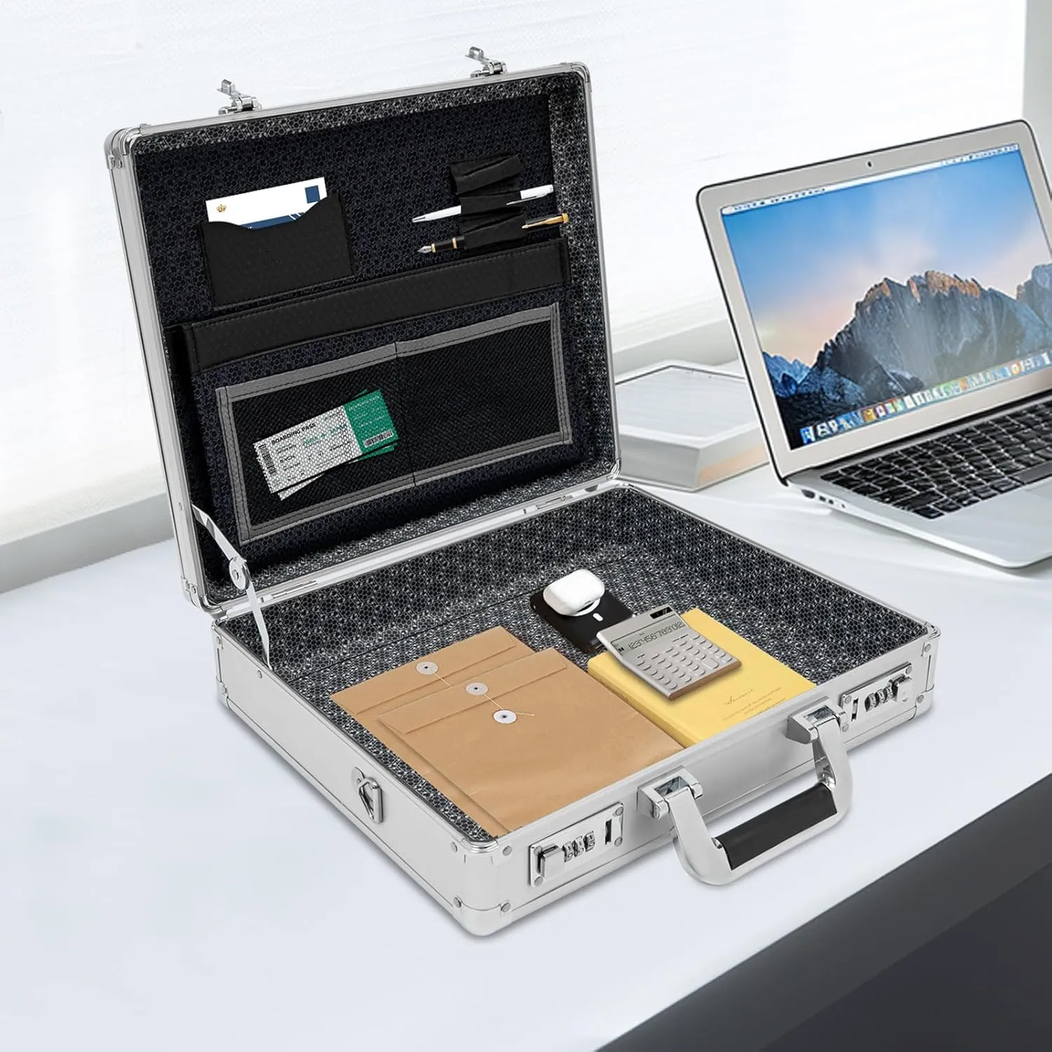 Locking Briefcase - 15 x 13 x 4.3 Inch Combination Lock Hard Laptop Case w/Strap, Portable Storage Lock Box Briefcases for Men and Women (Silver (Patterned lining))