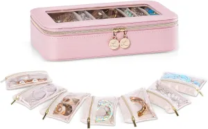 Lolalet 8 in 1 Travel Jewelry Case with Velvet Pouches, Clear Window Travel Jewelry Organizer Bags for Earrings, Bracelets, Necklaces and Rings, Compact Jewelry Storage for Women Girls -Pink, 7PCS