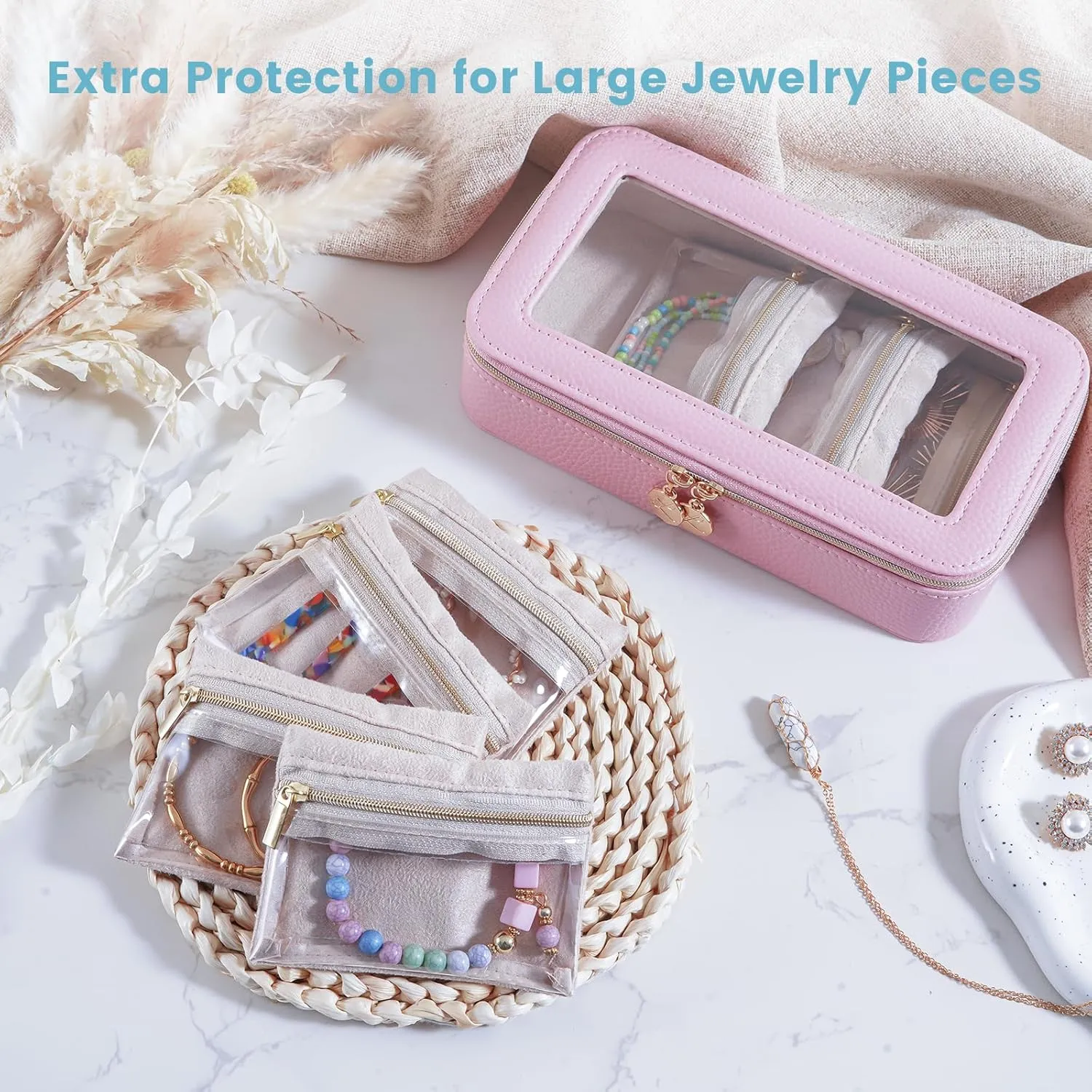 Lolalet 8 in 1 Travel Jewelry Case with Velvet Pouches, Clear Window Travel Jewelry Organizer Bags for Earrings, Bracelets, Necklaces and Rings, Compact Jewelry Storage for Women Girls -Pink, 7PCS