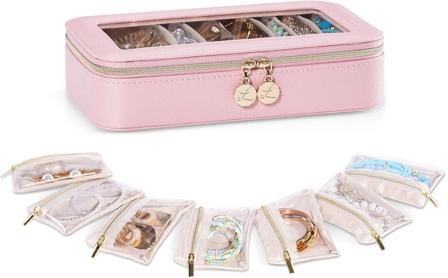 Lolalet 8 in 1 Travel Jewelry Case with Velvet Pouches, Clear Window Travel Jewelry Organizer Bags for Earrings, Bracelets, Necklaces and Rings, Compact Jewelry Storage for Women Girls -Pink, 7PCS