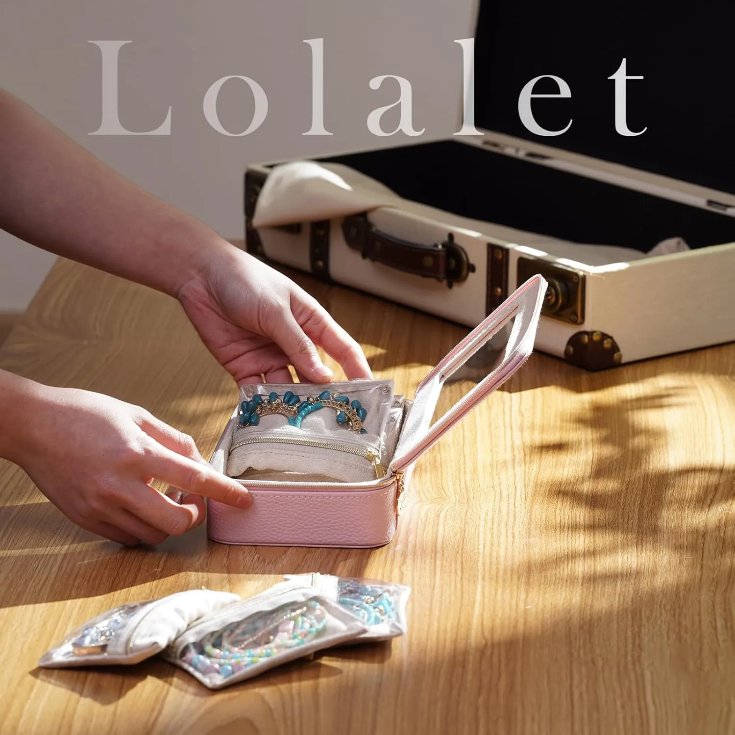 Lolalet 8 in 1 Travel Jewelry Case with Velvet Pouches, Clear Window Travel Jewelry Organizer Bags for Earrings, Bracelets, Necklaces and Rings, Compact Jewelry Storage for Women Girls -Pink, 7PCS