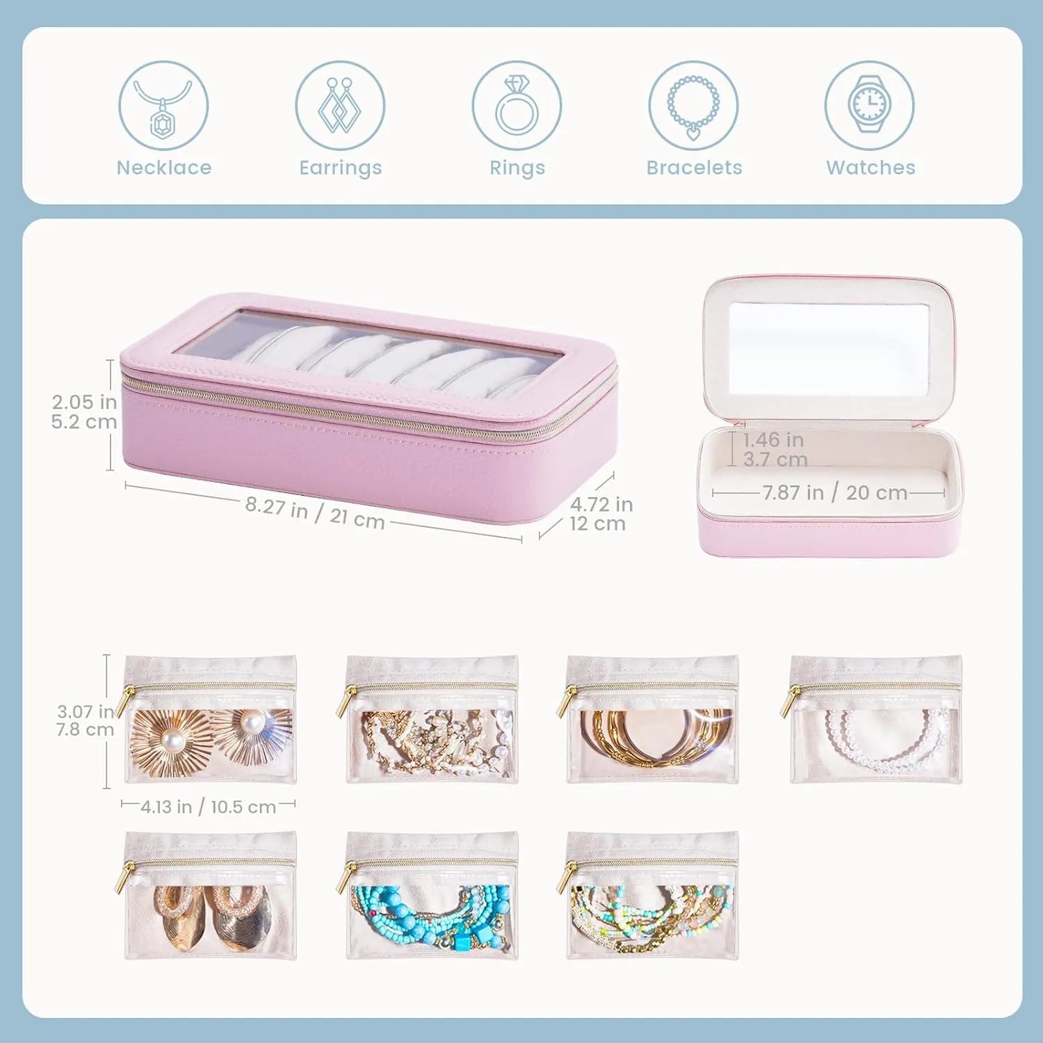 Lolalet 8 in 1 Travel Jewelry Case with Velvet Pouches, Clear Window Travel Jewelry Organizer Bags for Earrings, Bracelets, Necklaces and Rings, Compact Jewelry Storage for Women Girls -Pink, 7PCS