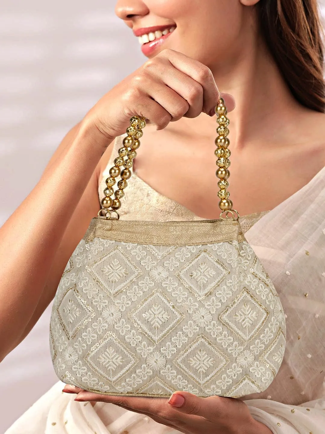 LONGING TO BUY Indian Ethnic Designer Embroidered Silk Potli Bag Batwa Pearls Handle Purse
