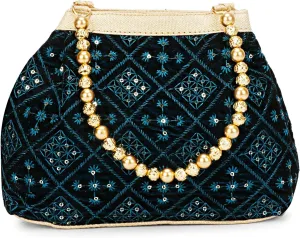 LONGING TO BUY Indian Ethnic Designer Embroidered Silk Potli Bag Batwa Pearls Handle Purse