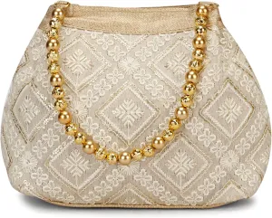 LONGING TO BUY Indian Ethnic Designer Embroidered Silk Potli Bag Batwa Pearls Handle Purse