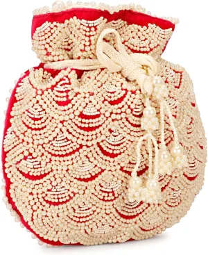 LONGING TO BUY Indian white pearls potli Bag for women, Embrodiered Potli Bag For Women