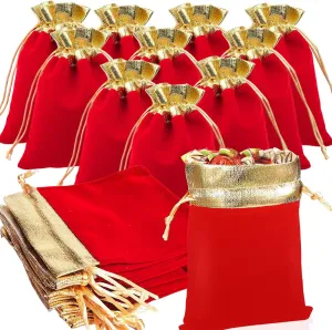 LOSYHU 50 Pack Red Velvet Bags with Drawstrings 6x5 Inch Velvet Bags for Jewelry with Golden Rim Soft Velvet Drawstring Bags Velvet Cloth Jewelry Pouches for Wedding Birthday Candy Party Favor