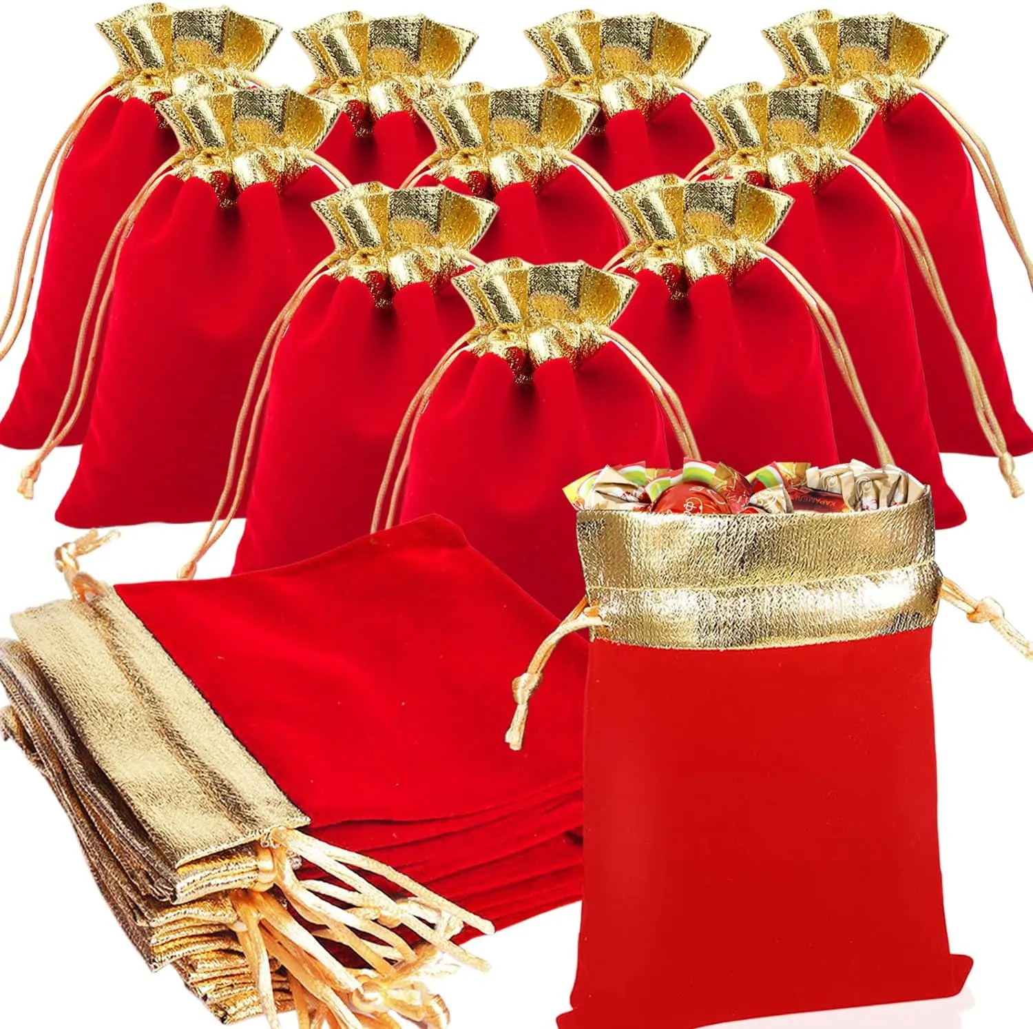 LOSYHU 50 Pack Red Velvet Bags with Drawstrings 6x5 Inch Velvet Bags for Jewelry with Golden Rim Soft Velvet Drawstring Bags Velvet Cloth Jewelry Pouches for Wedding Birthday Candy Party Favor