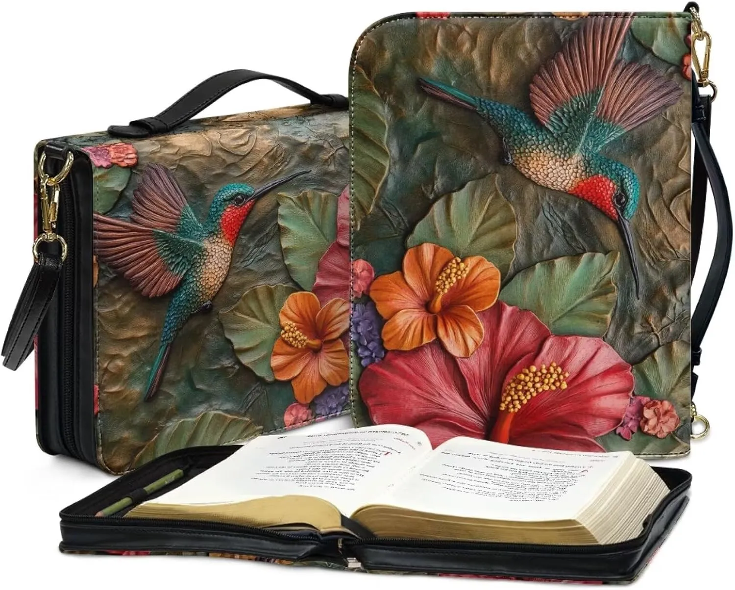Lotusorchid Hummingbird Church Bible Bag for Women, Bird Print Bible Cover for Girls, Large Bible Tote Bag with Removable Shoulder Strap, Sturdy Bible Accessories for Daily Use, Size 2XL