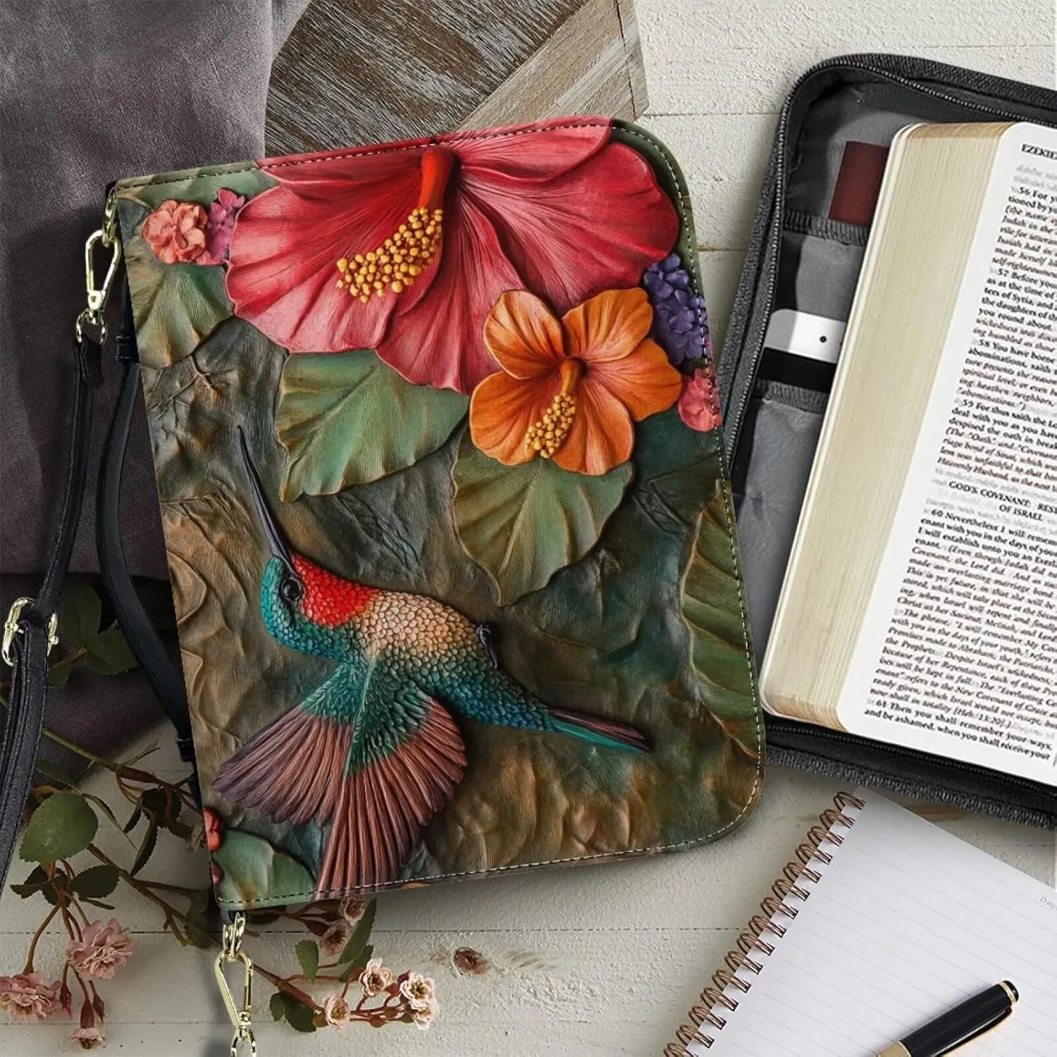 Lotusorchid Hummingbird Church Bible Bag for Women, Bird Print Bible Cover for Girls, Large Bible Tote Bag with Removable Shoulder Strap, Sturdy Bible Accessories for Daily Use, Size 2XL