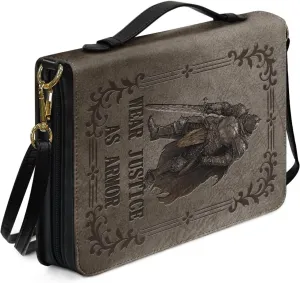 Lotusorchid PU Leather Bible Cover for Women with Shoulder Strap Wear Justice As Armor Bible Case for Men Religious Bible Bag with Faith Scripture, Beige