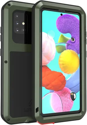 LOVE MEI Compatible with Samsung Galaxy A51 Case, Waterproof Military Heavy Duty Shockproof Dust/Dirt Proof Hybrid Aluminum Metal Silicone Tempered Glass Case Hard Cover (Green)