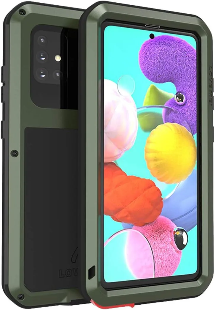 LOVE MEI Compatible with Samsung Galaxy A51 Case, Waterproof Military Heavy Duty Shockproof Dust/Dirt Proof Hybrid Aluminum Metal Silicone Tempered Glass Case Hard Cover (Green)